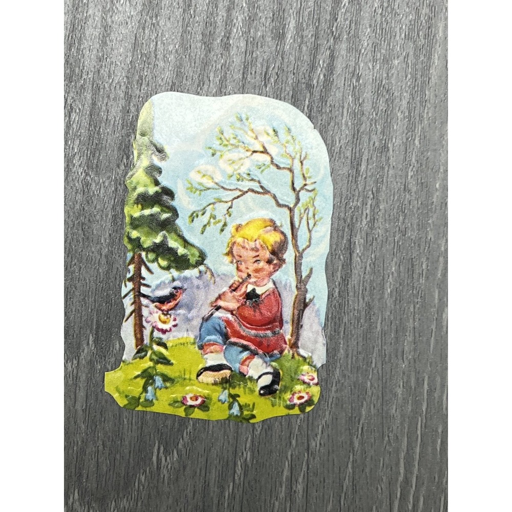 Antique Die-Cut Scrap Boy Playing Flute Bird Tree Nature Scene Ephemera